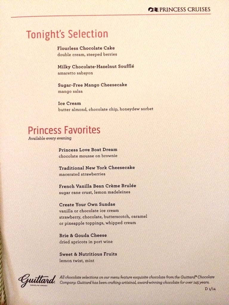 crown princess cruise ship menu